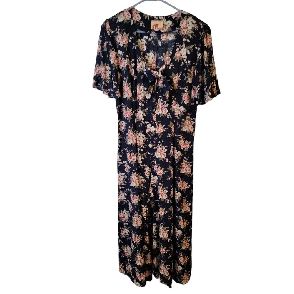 Vtg Katie Size 10 Womens Jumpsuit Blue Floral Wide Leg Gaucho Cropped 80's